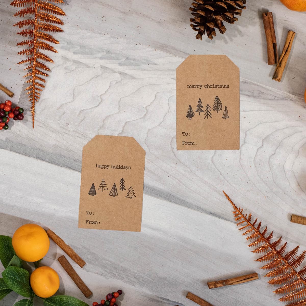 Boho Style Christmas Tree Gift Tag Stickers – 2 x 3 Inch Holiday Labels with Unique Tree Designs – 100 Adhesive Kraft Tags, Eco-Friendly, Made in USA
