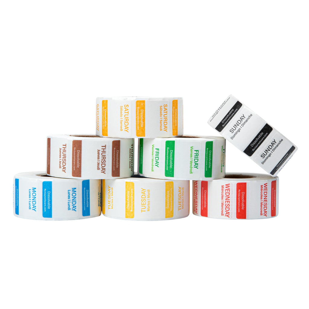 Restaurantware RW Smart 1 Inch x 1 Inch Food Rotation Labels 3500 Dissolvable Food Safety Labels - Premium Trilingual Paper Day Of The Week Labels For Food Storage Or Prep Weekly 7-Day