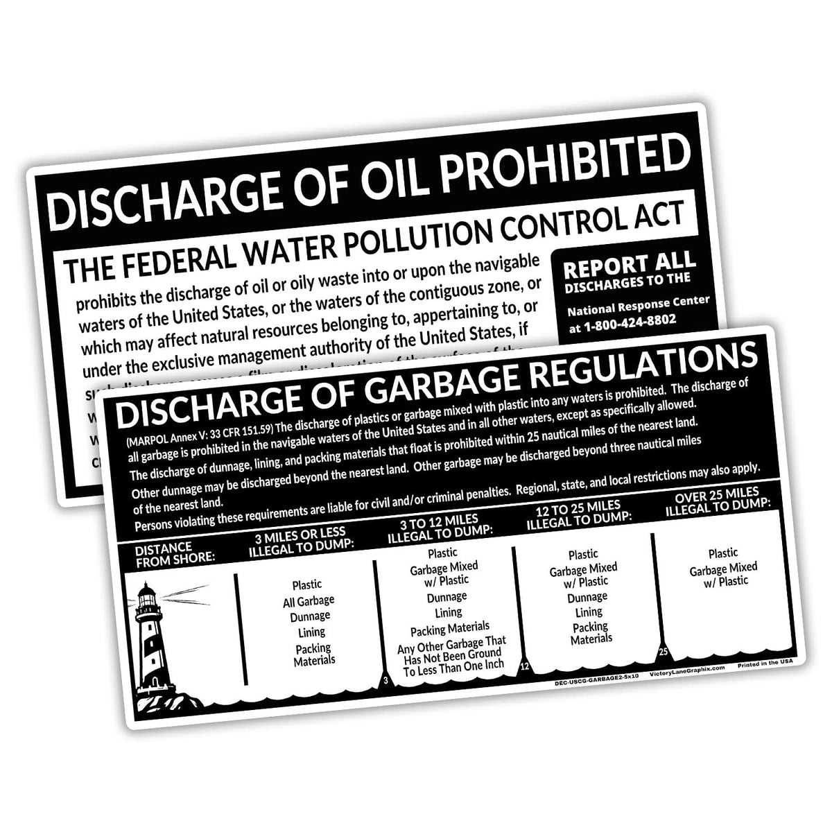 USCG Required Placards 2-Pack (5" x 10") – Garbage Discharge Notice & Oil Discharge Notice – Marine Compliance Labels – Waterproof Decals for Boats & Vessels - Black & White