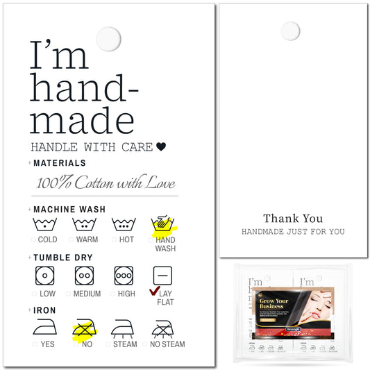 Havongki - 100 Pack - Handmade Care Instructions Hang Tags Cards Labels 2 x 3” Homemade Items Material Clothes Washing Care Instruction | White Black | for Knitted Crochet Shirt Blanket