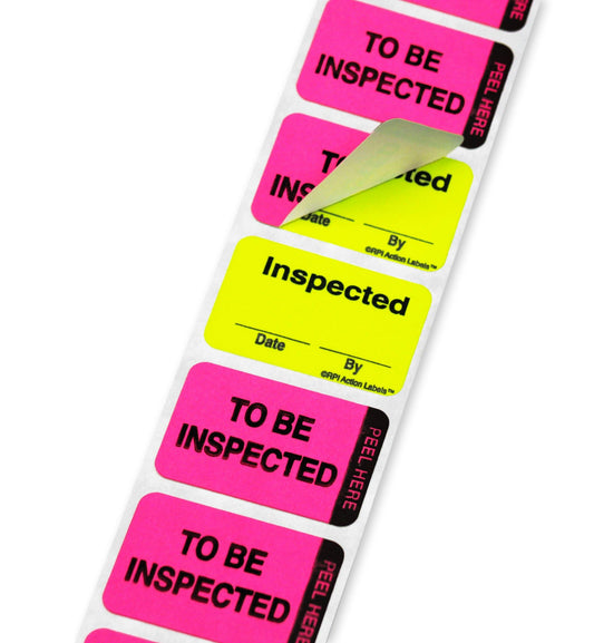 ChromaLabel 1 x 1.50 Inch Fluorescent Pink and Yellow Double Layer Quality Control Label, Imprinted: to Be Inspected, Inspected, 250 per Dispenser Box