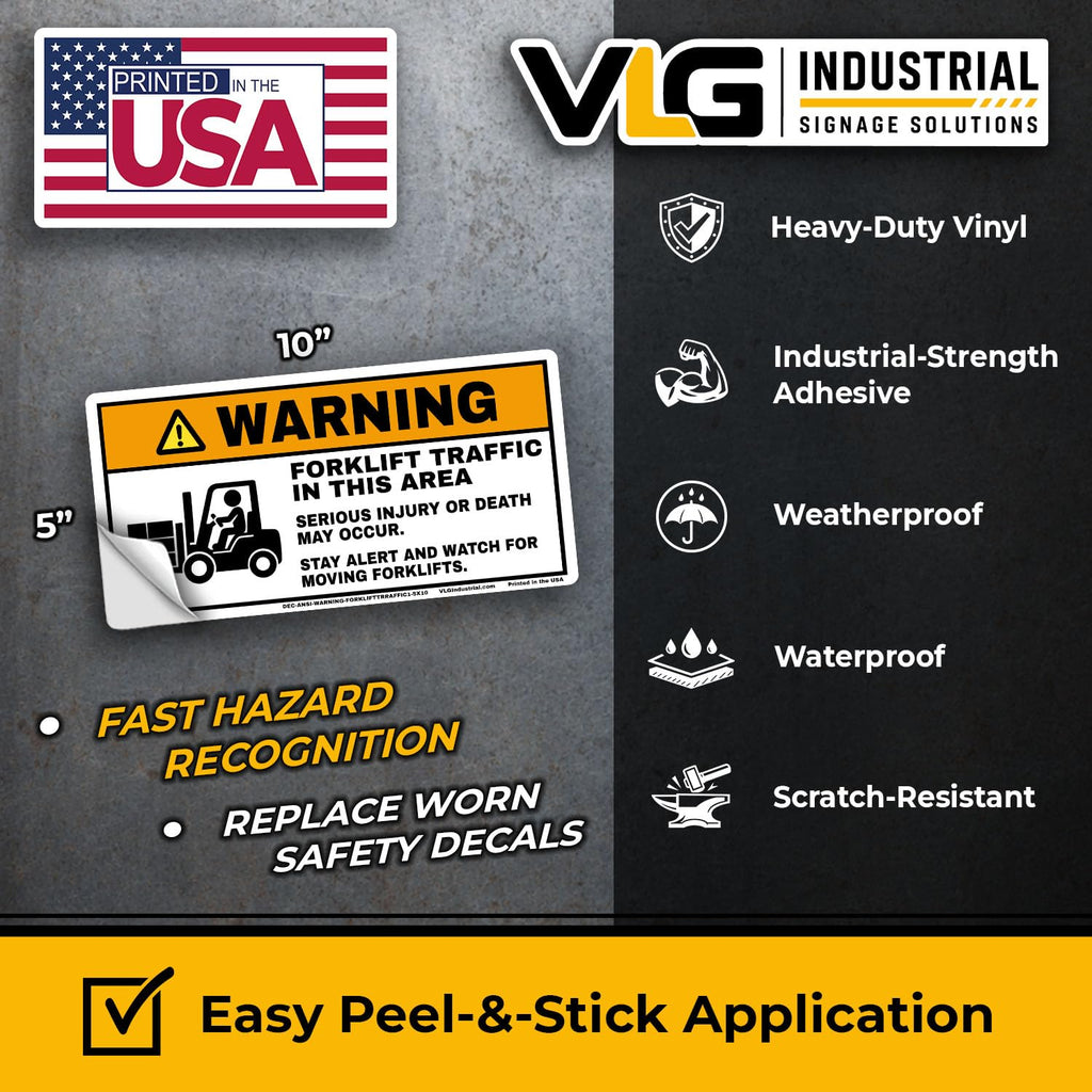 Forklift Traffic Warning Labels 5"x10" (Pack of 2) – ANSI Z535 Safety Decals, Heavy Duty Premium Vinyl, UV Laminated, Aggressive Adhesive, Warehouse & Industrial Forklift Hazard Signs - 5x10 2pc