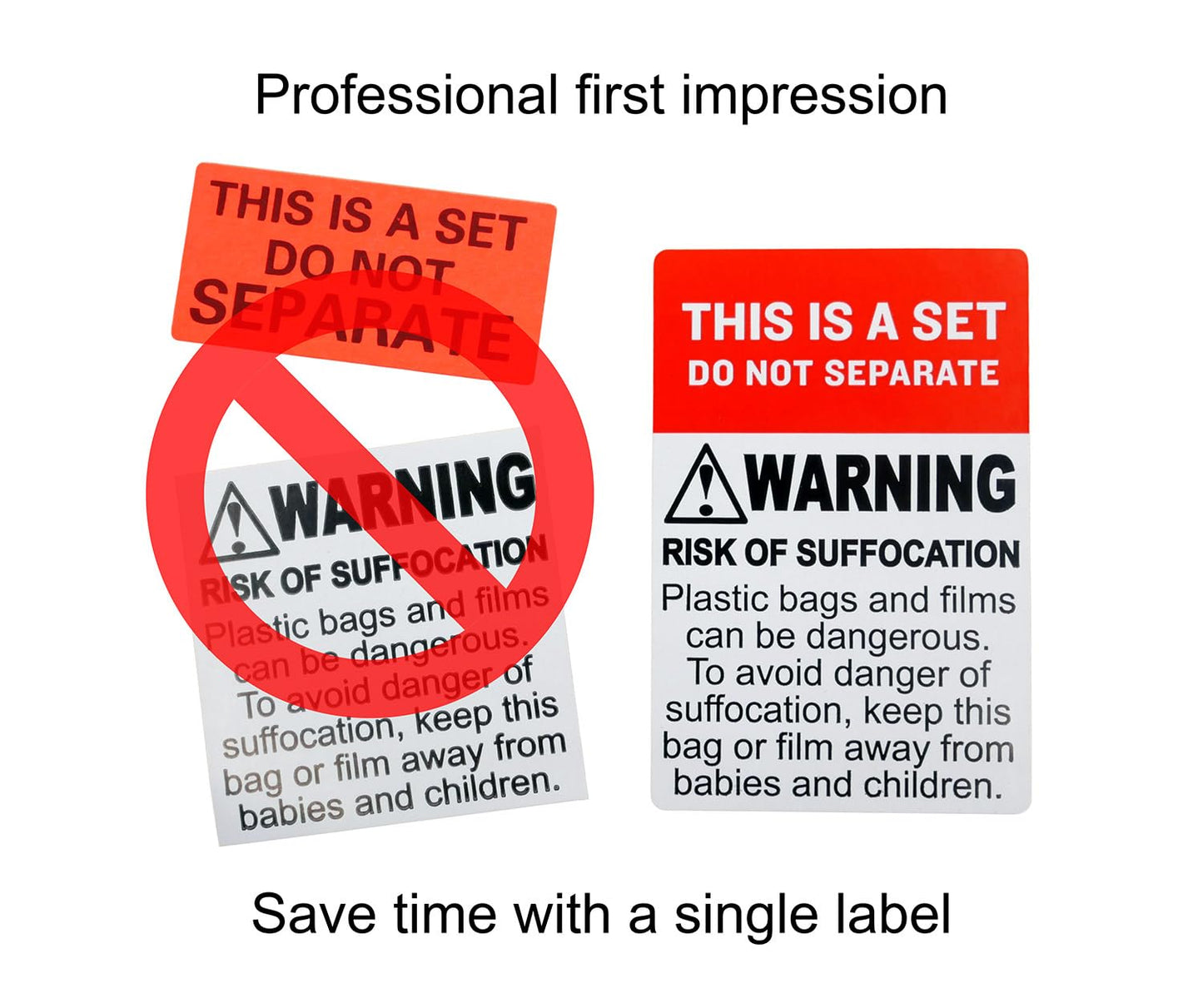 DO NOT Separate - This is A Set with Suffocation Warning Labels/Stickers (2" x 3"), FBA-Approved, 250 Labels per roll, 1 Roll
