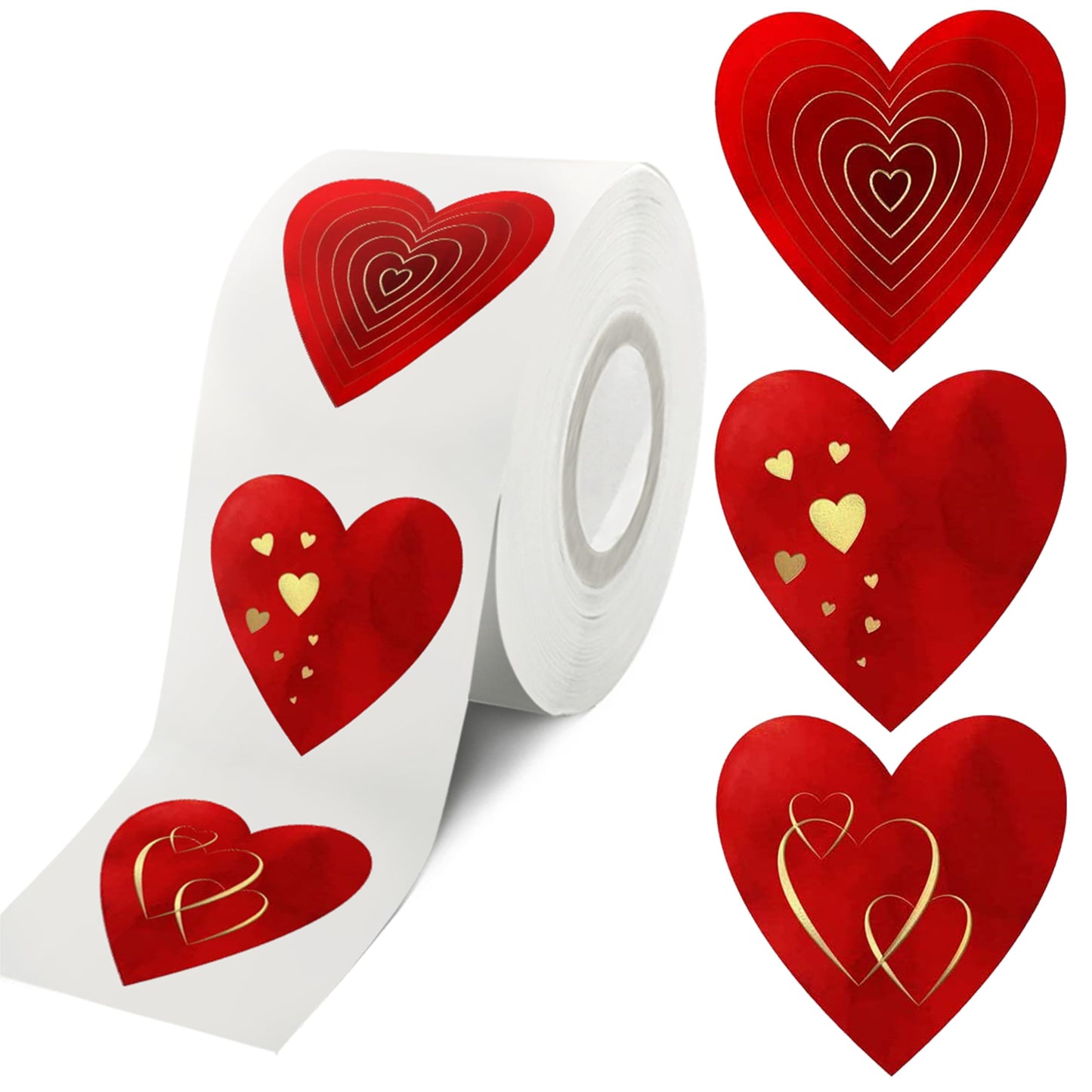 easykart labels 500 Red Heart Shape Stickers with Gold Foiling, 1.5", 3 Different Designs in one roll, Suitable for Love Theme Party Decorations, Annieversary,Birthday's 500 Stickers
