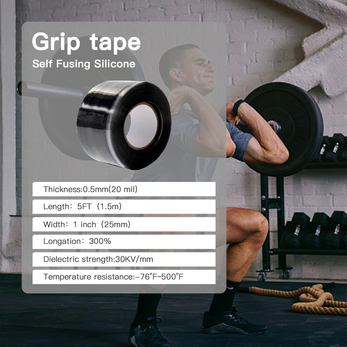 Self-Fusing Silicone Grip Tape for Gym Equipment, Pull Up Bars, Barbells, Dumbbells, Sports Gear, Handles & Steering Wheel, and Tools (Black, 5 FT) Black