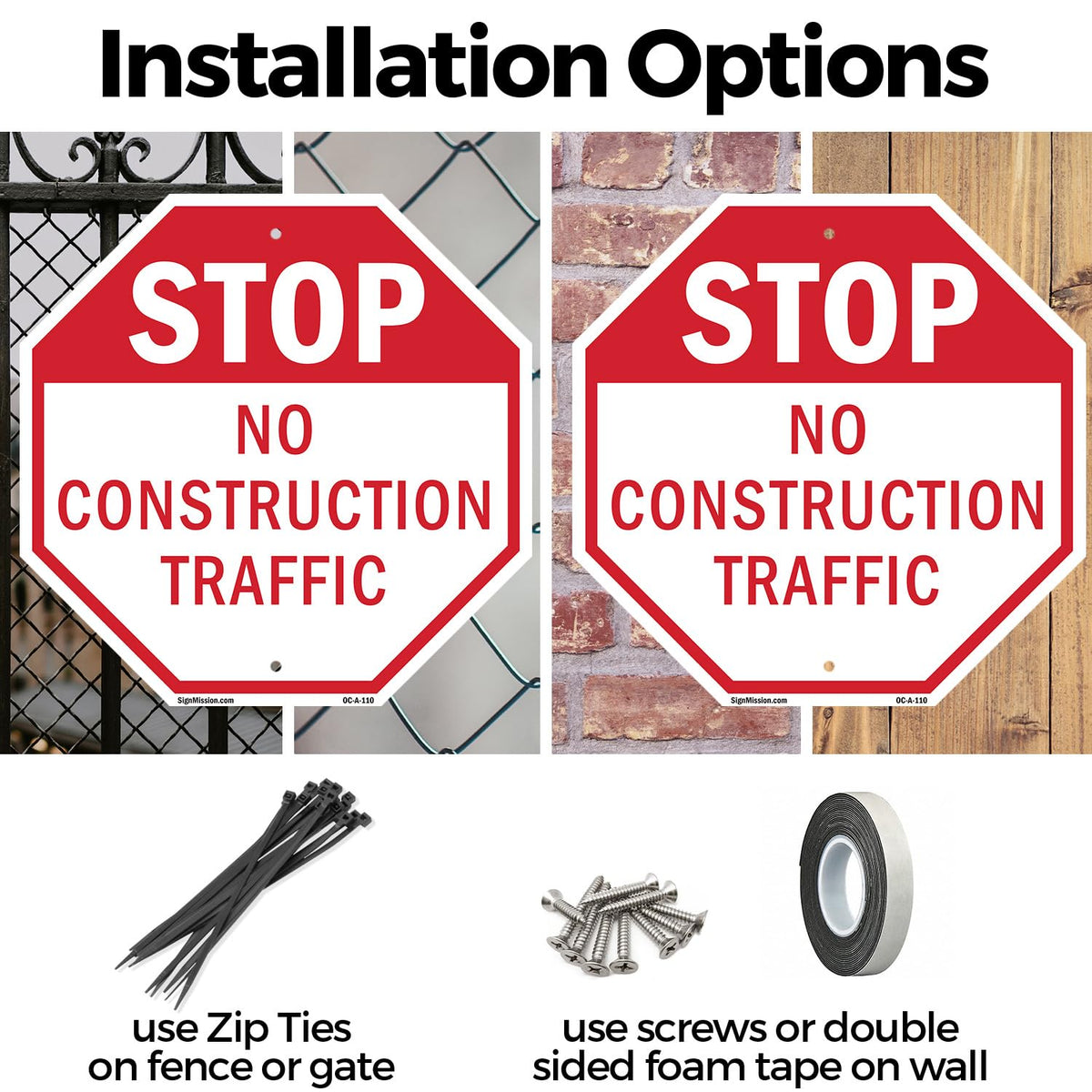 Stop No Construction Traffic 18 inch X 18 inch Octagon Plastic Sign Weather Resistant, UV Protected for Workplace, Private Property, and Construction Site, Made in the USA