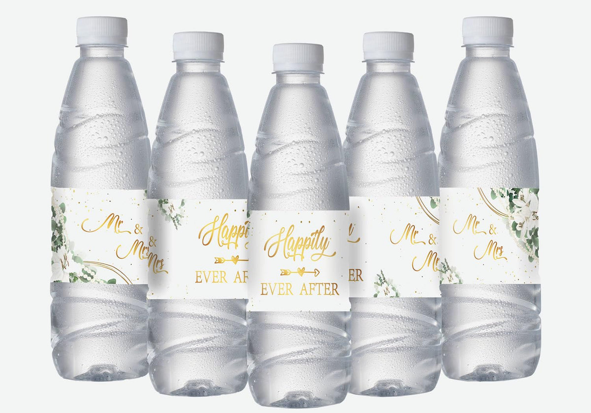 50 Pcs Happily Ever After Water Bottle Labels, Engagement/Wedding/Bridal Shower/Anniversary Party Decoration Supplies Photo Booth Props, Mr & Mrs Sign Water Bottle Stickers