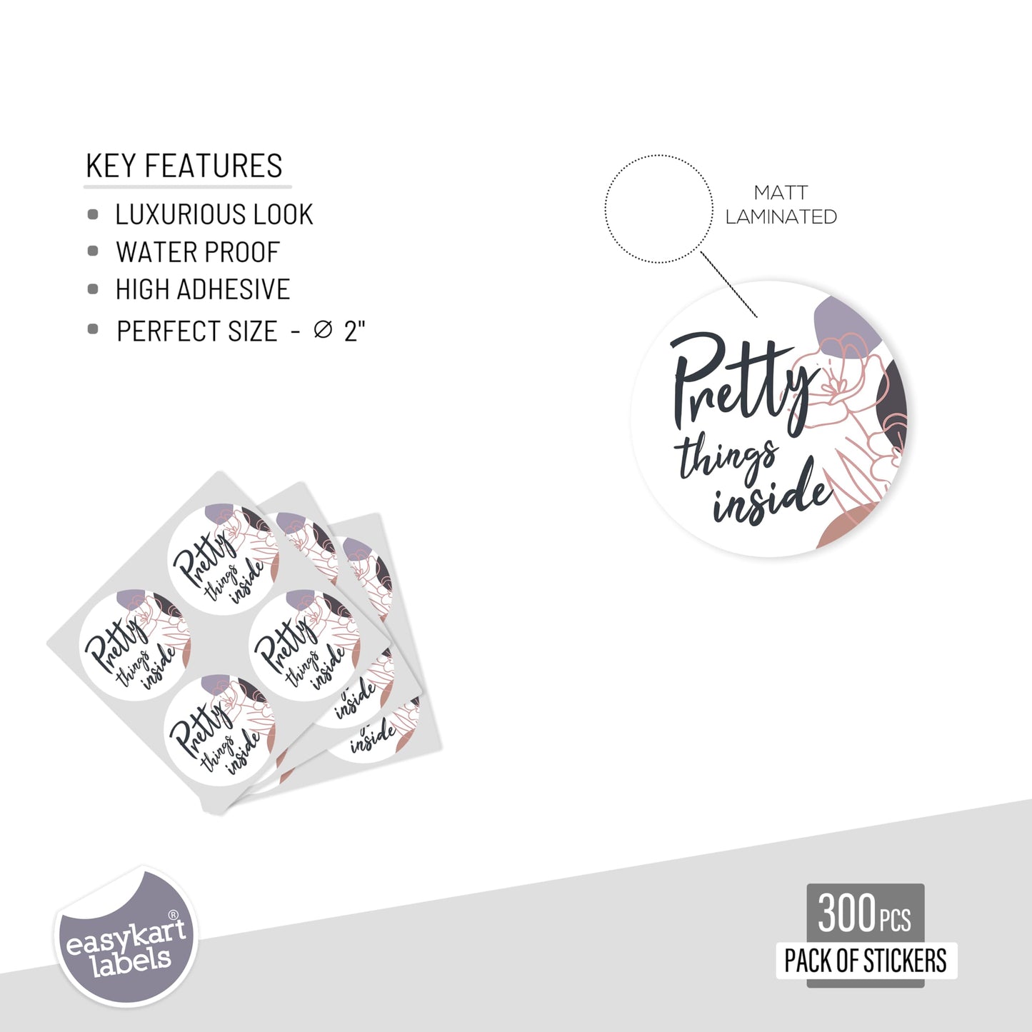 easykart labels 300 Pretty Things Inside Sticker Labels | White Background with Flowers Design | 2" Inch Round | Highly Recommended for Small Business Owners