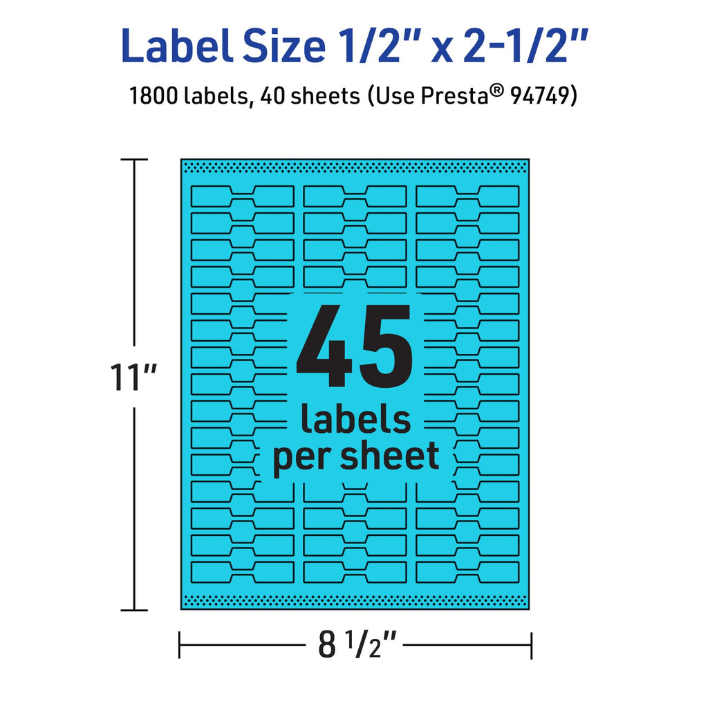 Avery® Printable Barbell Labels, Sure Feed® Technology, 1/2" x 2-1/2", Bright Blue Labels, Laser/Inkjet Printable, 1,800 Total, Great for Jewelry and Cords 1,800 labels