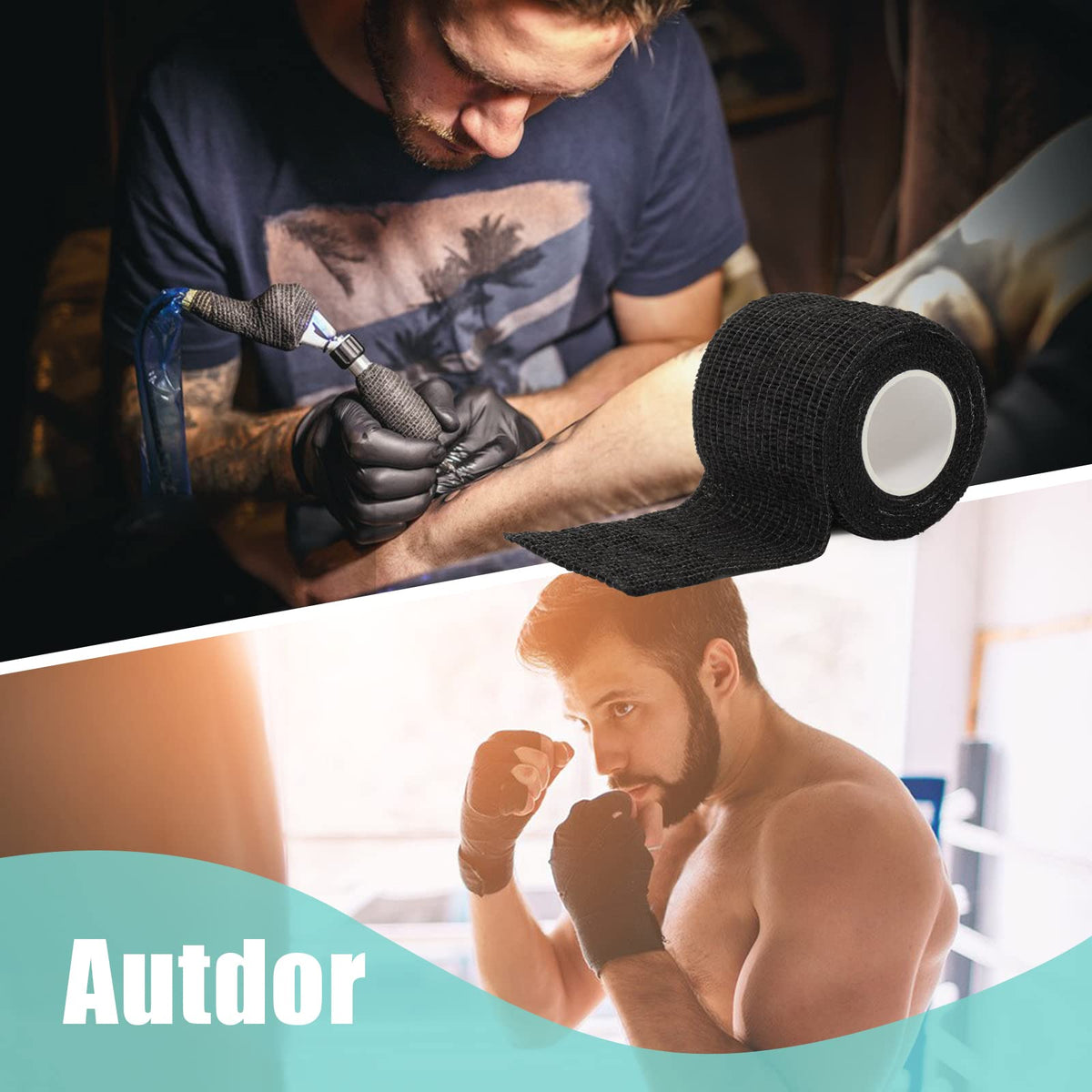 Autdor Tattoo Grip Cover Wrap - 24Pcs 2" x 5 Yards Disposable Cohesive Tattoo Grip Tape Wrap Black Elastic Bandage Rolls Self-Adherent Tape for Tattoo Machine Grip Tube, Sports Tape