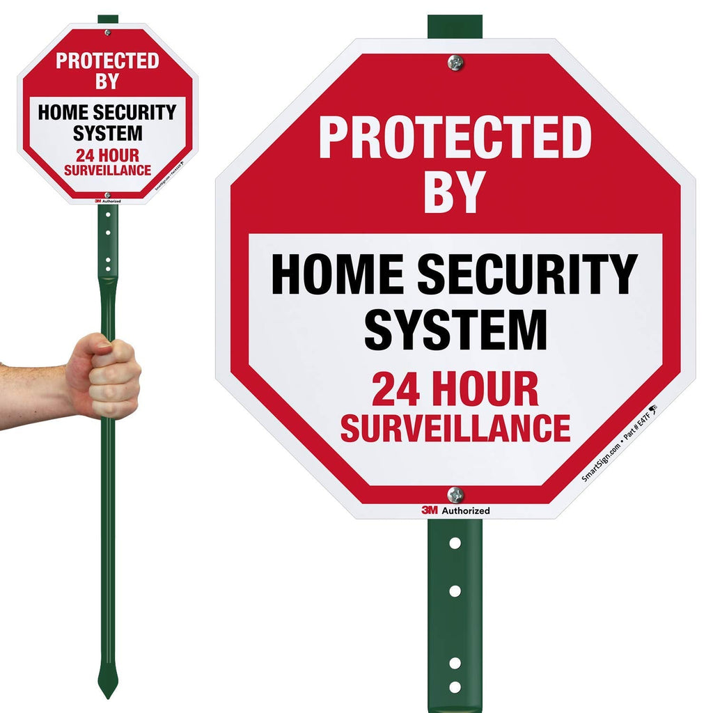 SmartSign 10" x 10" 'Protected By Home Security System 24 Hour Surveillance' Yard Sign with 3 ft Stake, 40 mil Aluminum 3M Laminated Engineer Grade Reflective, Red/Black/White Reflective Aluminum Sign with 3' Stake