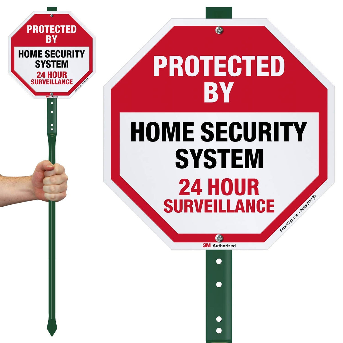 SmartSign 10" x 10" 'Protected By Home Security System 24 Hour Surveillance' Yard Sign with 3 ft Stake, 40 mil Aluminum 3M Laminated Engineer Grade Reflective, Red/Black/White Reflective Aluminum Sign with 3' Stake
