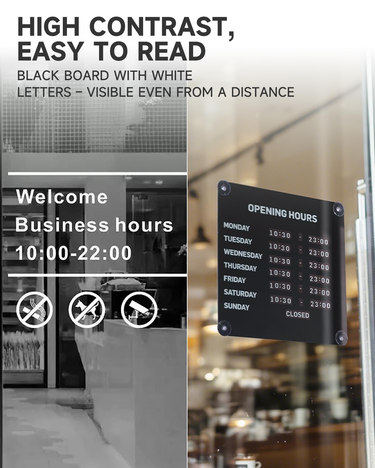 Magnetic Business Hours Sign, Changeable Store Hours Board for Glass Door Black 10.24 x 10.24 " Full Sign Set