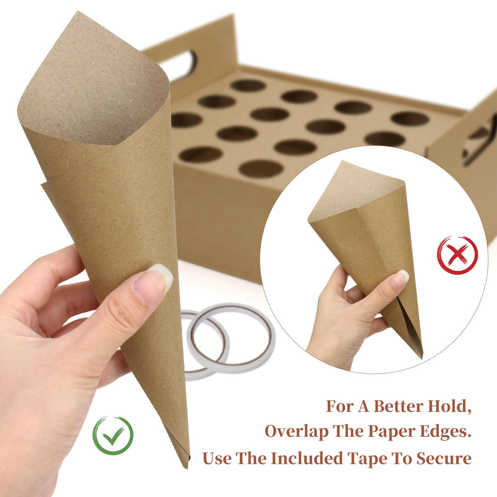 2 Set Wedding Paper Cone Stand Box, 2 Party Cardboard Cone Holders Trays of 20 Holes Each with 40 Kraft Cone Paper for Wedding, Party, Celebration, Decoration