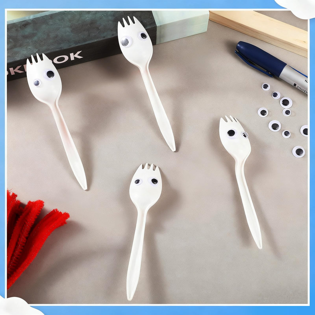 Relaxgiant 50 Set Fork Craft Kit DIY Disposable Creativity Sporks Red Pipe Cleaners Self Adhesive Wiggle Googly Eyes Make Your Own Craft Kit 202
