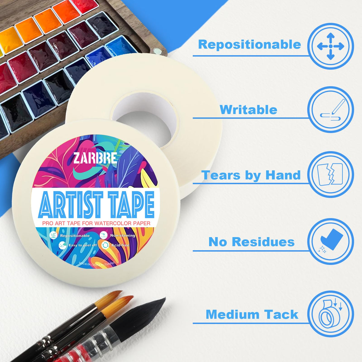 Artist Tape, White Art Tape for Watercolor Paper, Medium Tack Masking Drafting Tape for Painting Canvas Framing, Acid-Free, 1in 164FT Long 1inch 1