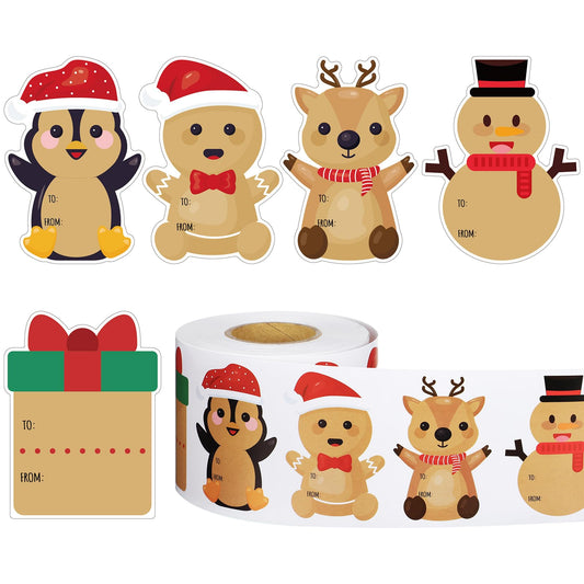 Zhanmai 700 Pieces Christmas Kraft Tag Stickers Merry Christmas to from Labels Roll Kraft Paper Self Adhesive Name Tags with to and from Tags for Christmas Wrapping(Cute Style) Cute Style