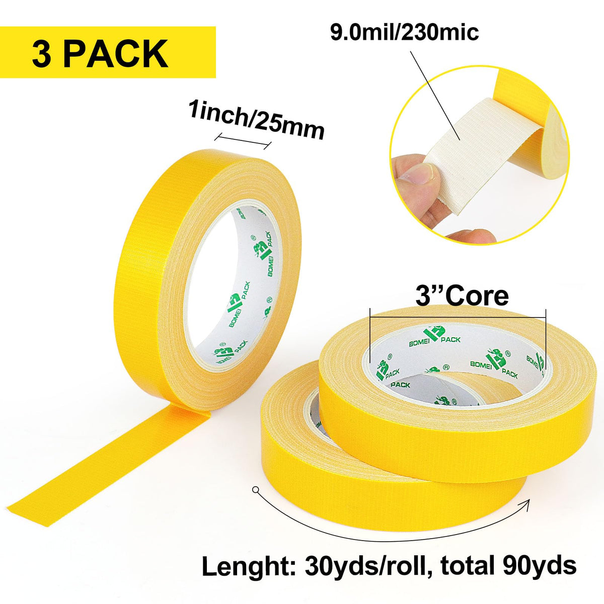 BOMEI PACK Heavy-Duty Duct Tape, 1 inch by 30-Yard,3-Pack, Great for General-Purpose Use, Home Repairing, DIY Work, Auto Repair & Outdoor Activities (Yellow) Yellow