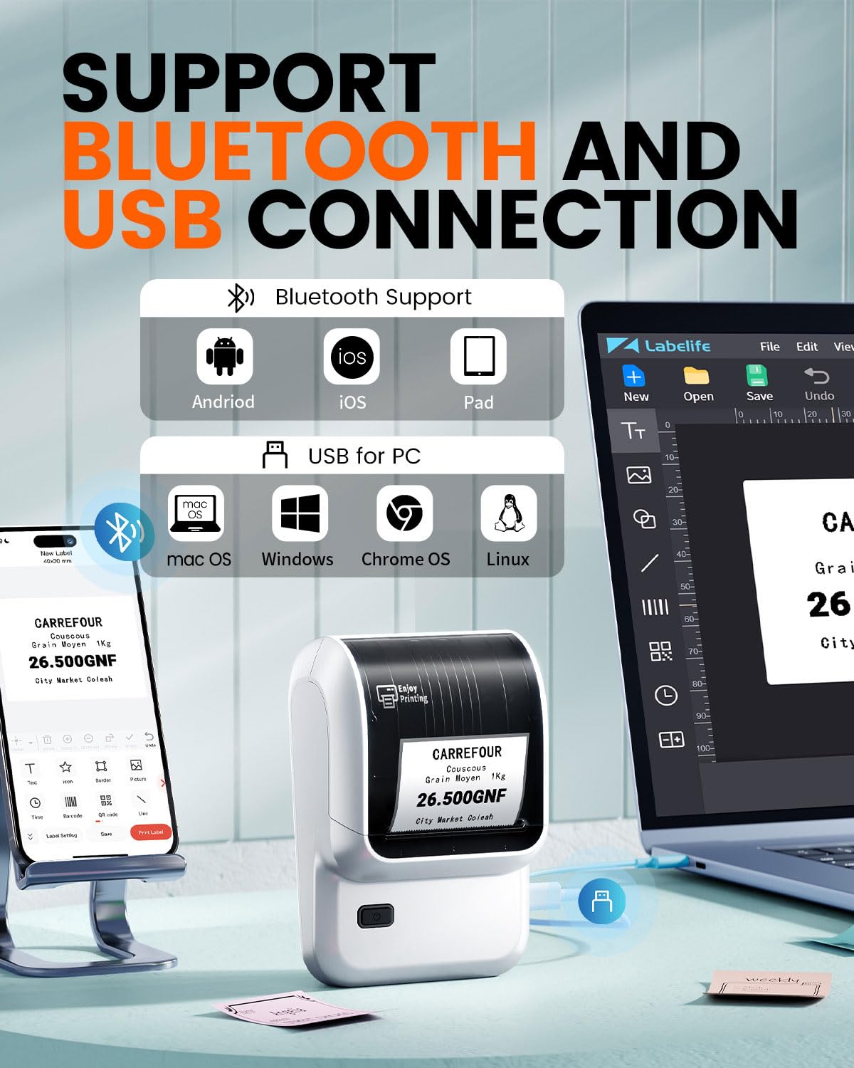 Ponek Label Maker, M100 Address Label Printer, Versatile App with 4000 Icons and 300 Templates, Barcode Bluetooth Label Printer for Small Business, Home, Office, School Organization, White 1 Printer+1 Roll Labels