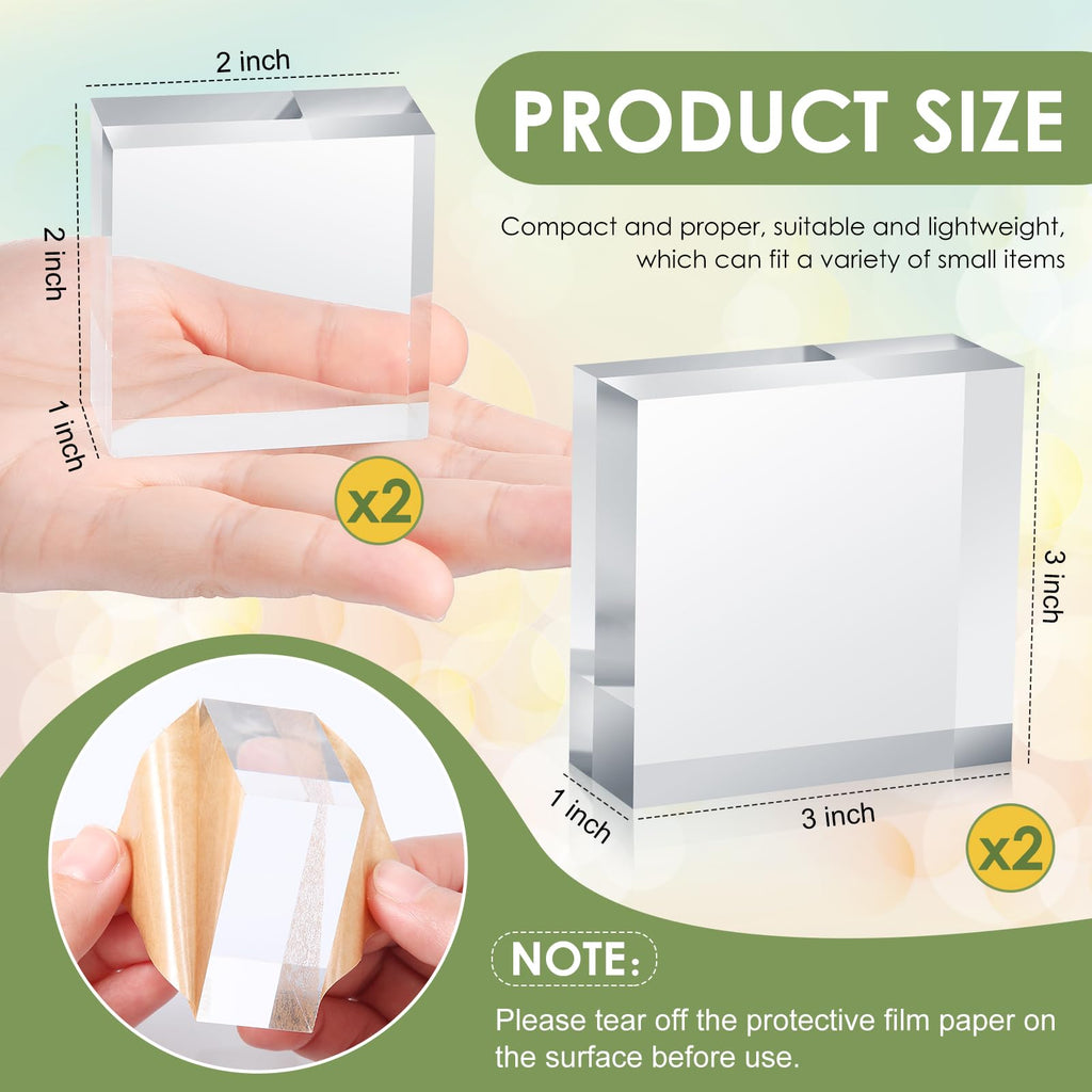 Remerry 4 Pcs Clear Acrylic Display Block 2 x 2 x 1 Inch,3 x 3 x 1 Inch