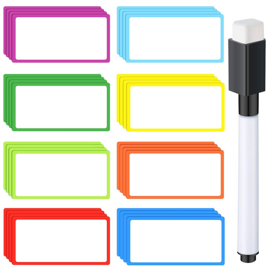 Outus 32 Pieces Reusable Magnetic Dry Erase Labels 4 x 2 Inches with Dry Erase Marker Pen for Classroom Office Garage Refrigerator Locker Shelf Writable Erasable Cards Name Tags