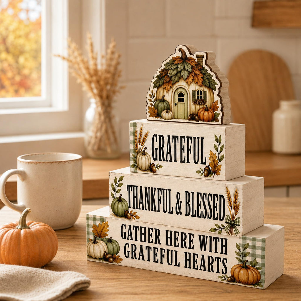 EXY 4 Pcs Pumpkin House Table Decor Fall Rustic Wooden Tiered Tray Decor Thanksgiving Pumpkin