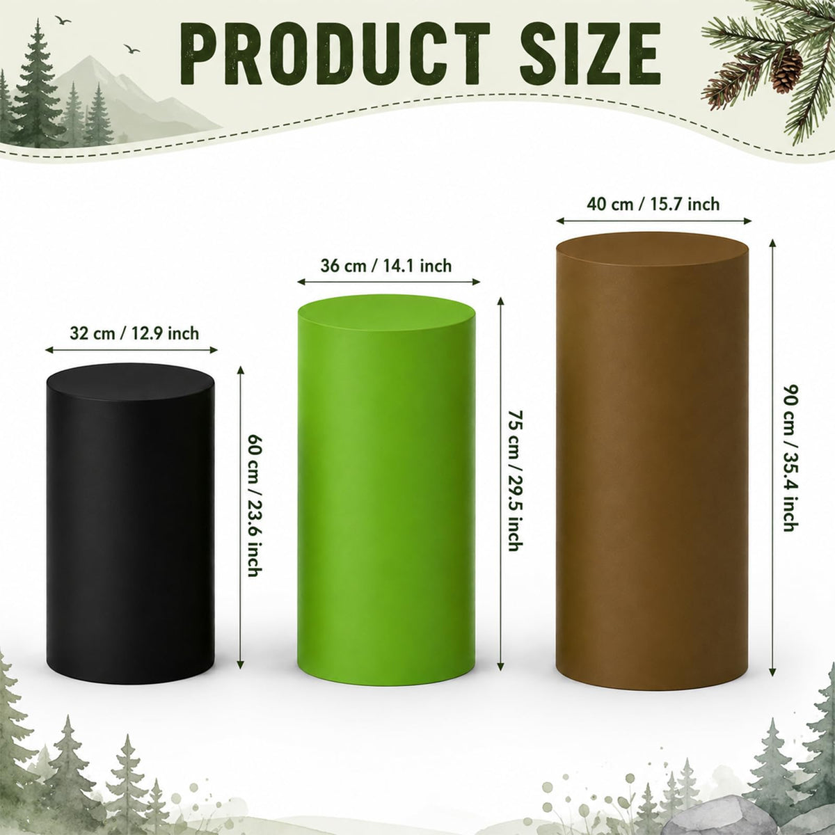 3 Set Forest Dessert Table Display Green Brown Spandex Cylinder Stand Cover Green brown and black