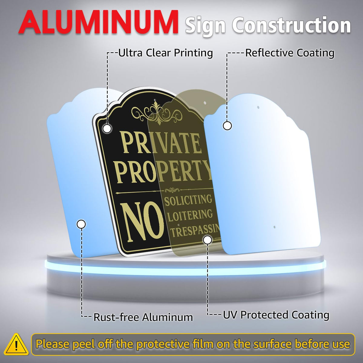 Faittoo Private Property No Soliciting Sign for House with 42" Stake, 2-Pack 12"x12" Rust Free Heavy Aluminum, Reflective, Fade Resistant, 2 Pre-drilled Holes, Includes Matching Screws & Wrench Black Gold - 2 Pack