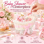 POPETPOP Mini Wicker Baby Carriage Decor, Pink Rattan Mini Shopping Basket