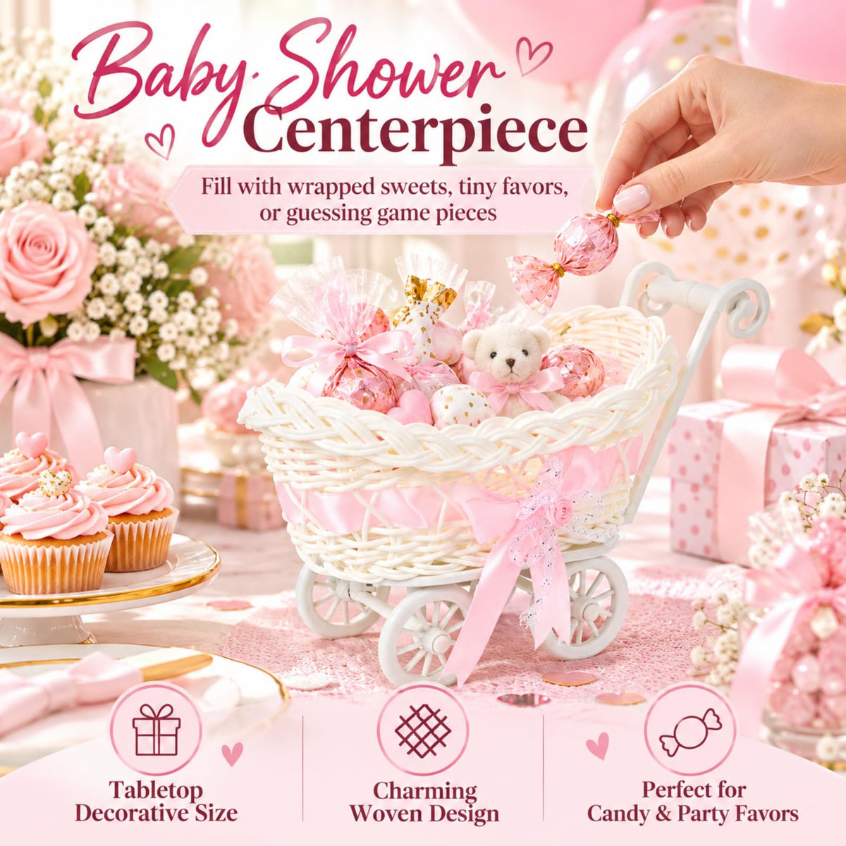 POPETPOP Mini Wicker Baby Carriage Decor, Pink Rattan Mini Shopping Basket