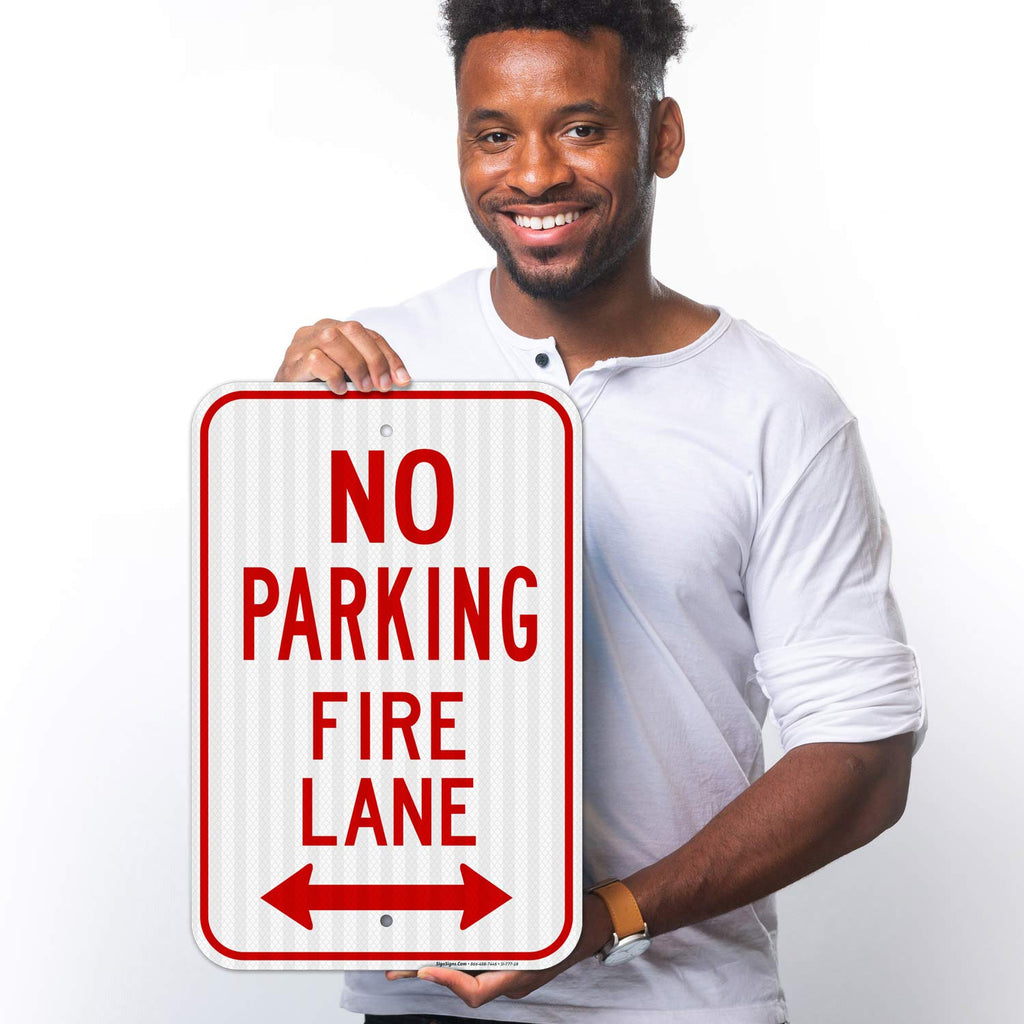 No Parking Fire Lane Bidirectional Arrow Sign, Aluminum 12x18 Reflective
