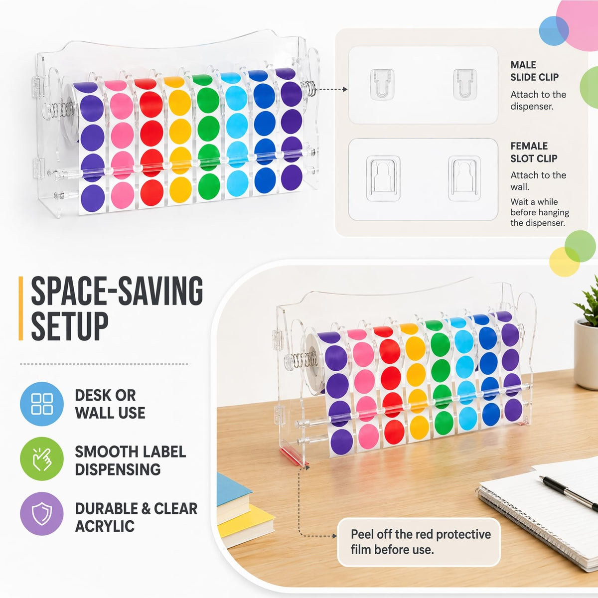 Adjustable Label Dispenser, 9 Disks Acrylic Roll Sticker Dispenser