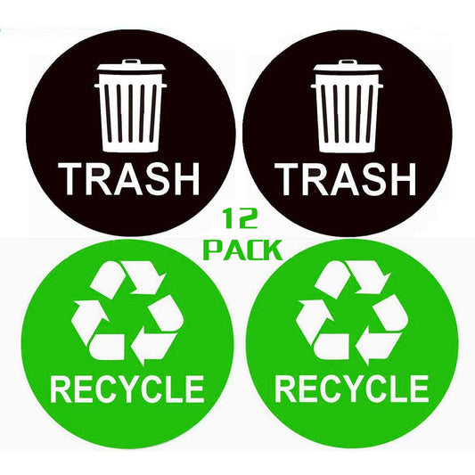 Recycle Sticker Trash Can Decal,Recycle and Trash Logo Self Adhesive Labels,Garbage Waste from Recycling-Indoor & Outdoor,Perfect for Kitchen Necessity, Home, Office,Bars,12 Pack Per Pack