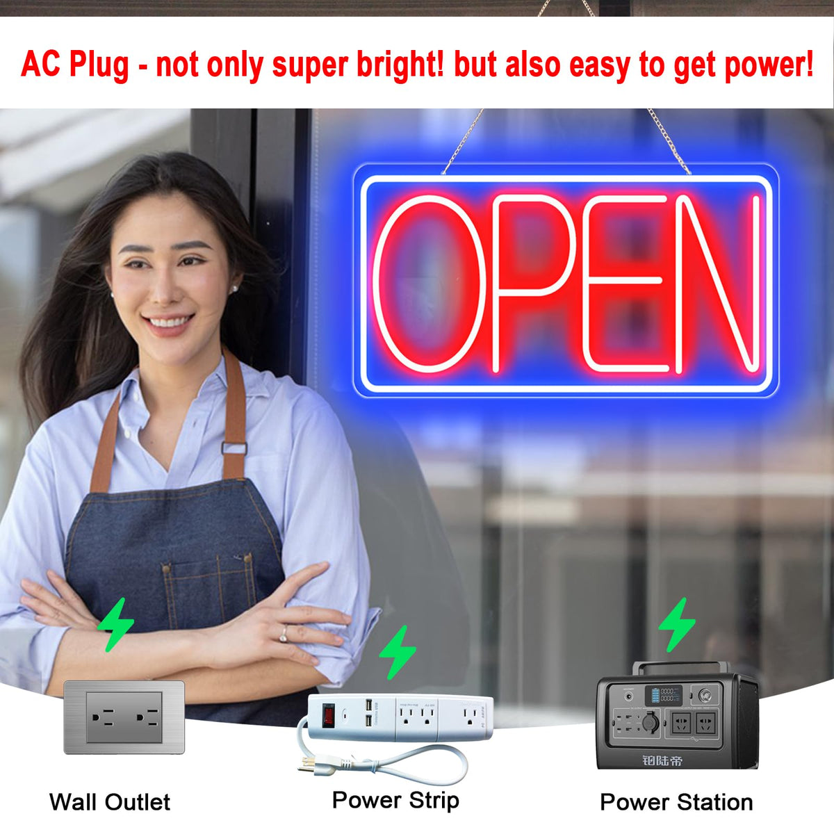 16.5" X 9" Led Neon Open Signs for Business - 12V/2A Ultra Bright Led Neon Sign with ON/OFF Switch - Plug In Electric Light Up Sign for Bar, Salon, Coffee Stores, Club, Hotel (Horizontal) Blue/Red-Horizontal 16.5x9 inch with AC Adapter