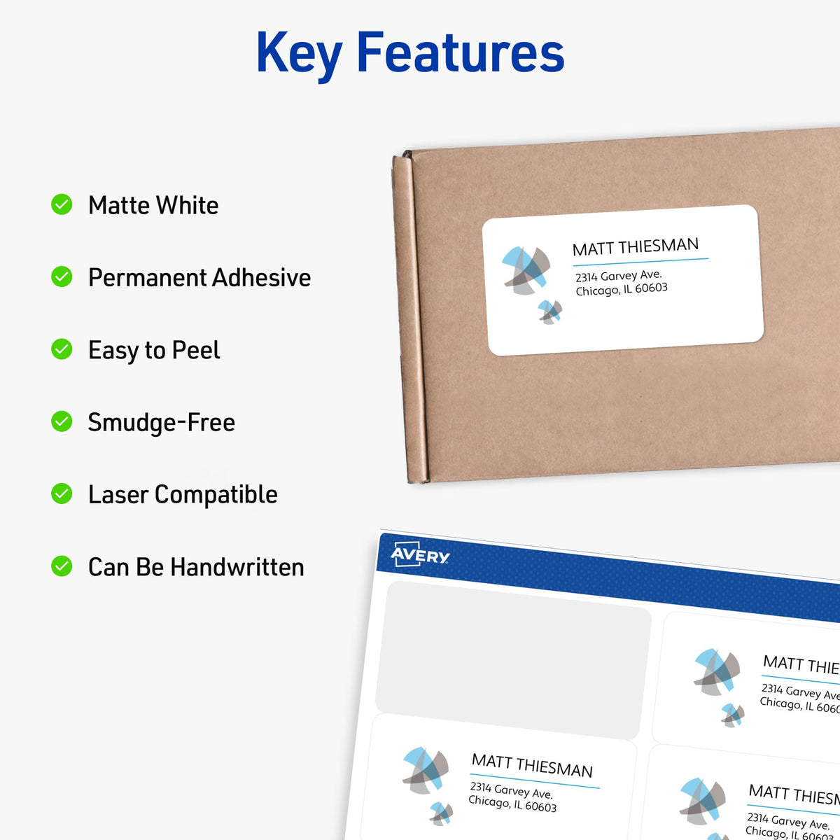 Avery Durable Waterproof Shipping Labels with Sure Feed Technology, 3-1/3" x 4", White, Laser Compatible, 300 Blank Labels Total, Great for Mailing, Branding, and More (5524) 3-1/3" x 4" (Pack of 1) 300 labels