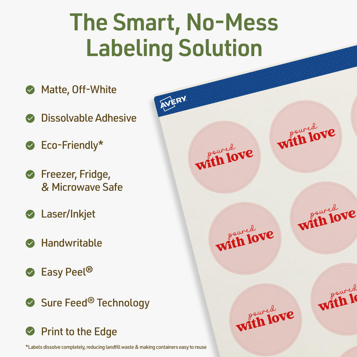 Avery Dissolvable Round Labels, Sure Feed Technology, 1-5/8" Diameter, Matte White, Print-to-The-Edge, Laser/Inkjet Printable, 200 Labels Total