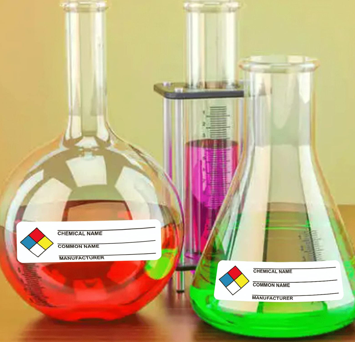 Industrial SDS stickers by Well Tile, chemical safety data labels, 1x3 inches, featuring write-in space for chemical identification.
