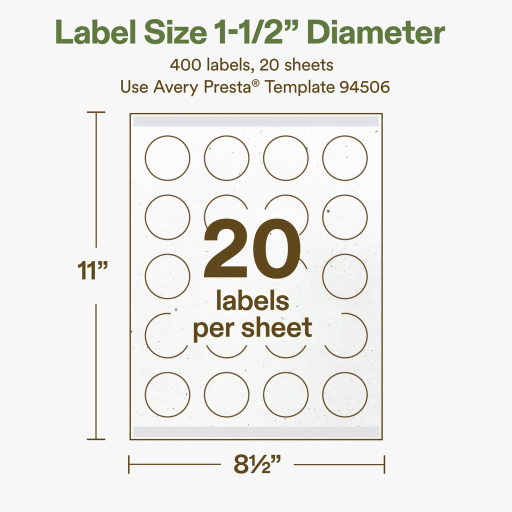 Avery Printable Round Hemp Labels with Sure Feed Technology, 1-1/2" Diameter, Off-White, Print-to-the-Edge, Laser & Inkjet Compatible, 400 Total, Great for Product Branding, Packaging, and More Hemp Paper 400 Labels