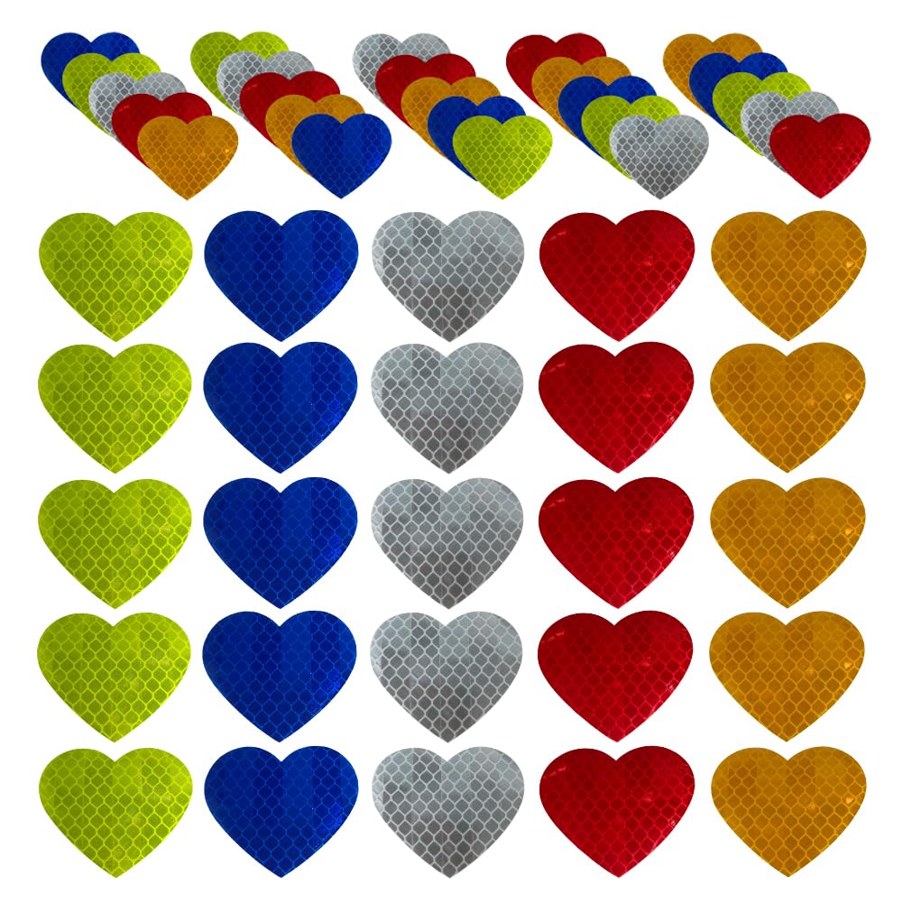 50pcs Warning Heart-Shaped Reflective Decals, Waterproof Reflector Tapes Safety Stickers for Night Visibility on Motorcycle, Bicycle, Car