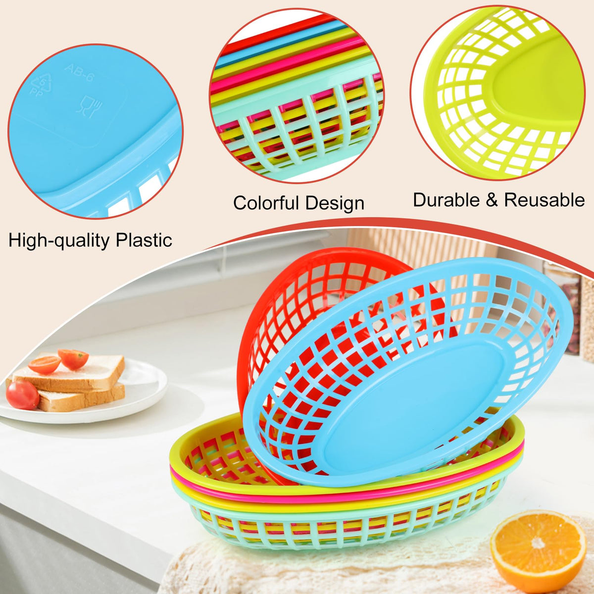 Ninsula Fast Food Baskets 6 Pack, Reusable Colorful Plastic Food Baskets, Oval 6.1 x 9.6 Inch Serving Basket for Food, Burgers, Fries, Sweets, Crisps, Picnics, Parties and BBQ
