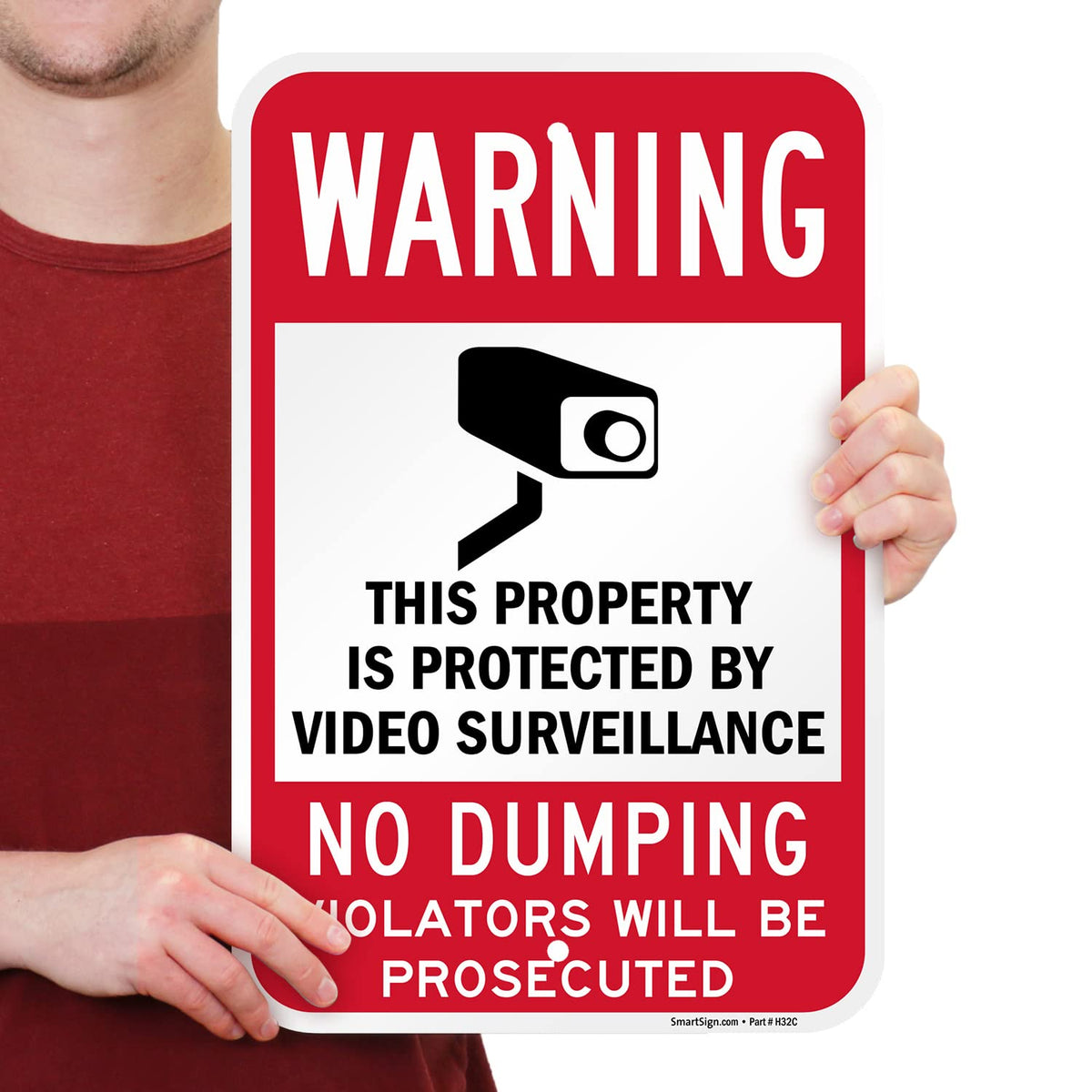 SmartSign 18 x 12 inch “Warning - Property Protected By Video Surveillance, No Dumping” Metal Sign, 120 mil Aluminum Composite (ACM), Engineer Grade Reflective Material, Red, Black and White, USA-Made