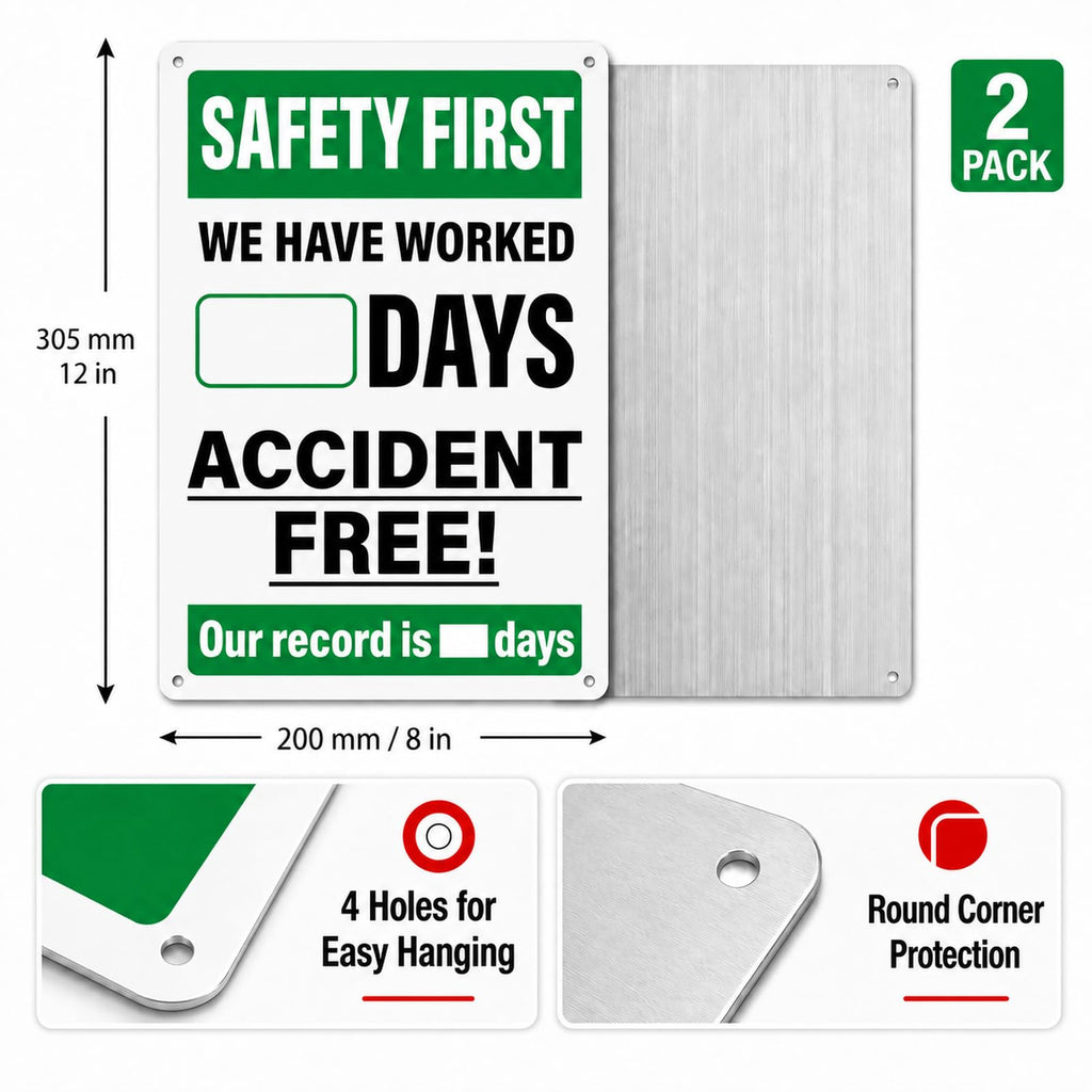 2 Pack Safety First Accident Free Days Aluminum Wall Signs 12×8 in