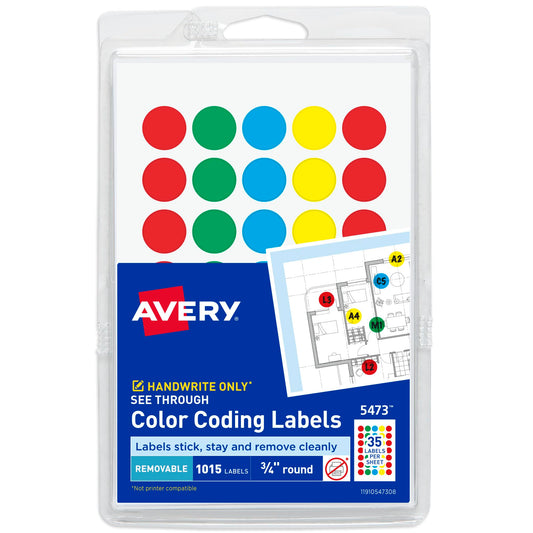 Avery See-Through Removable Color Dots, 0.75-Inch Diameter, Assorted Colors, 1015 per Pack (05473)