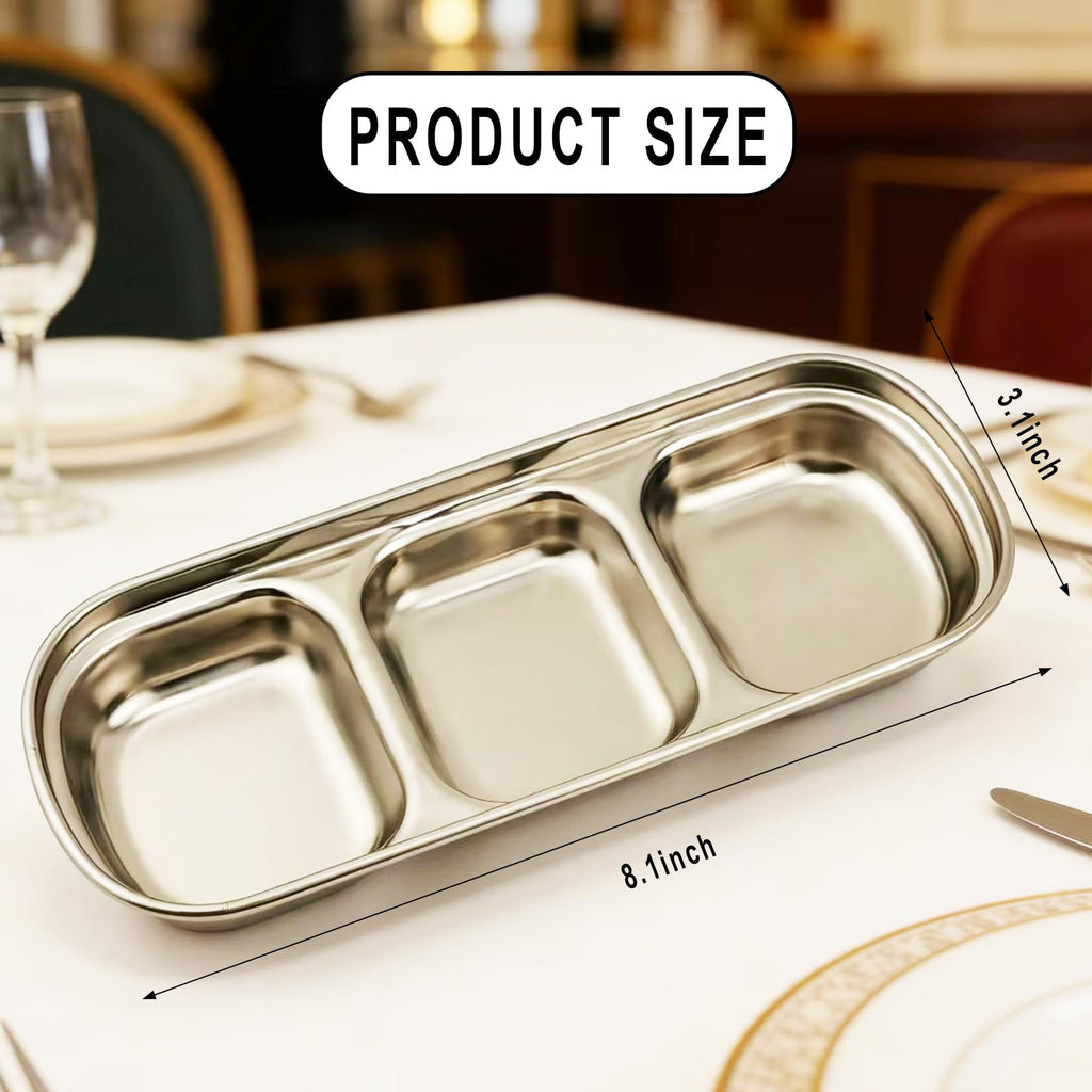6 Pcs Stainless Steel 3-Compartment Condiment Tray – Korean Style Soy Sauce Dish for BBQ, Banchan, Spices, Salt, Sugar – Stackable Divided Server for Home & Restaurant Use