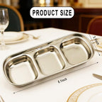 6 Pcs Stainless Steel 3-Compartment Condiment Tray – Korean Style Soy Sauce Dish for BBQ, Banchan, Spices, Salt, Sugar – Stackable Divided Server for Home & Restaurant Use