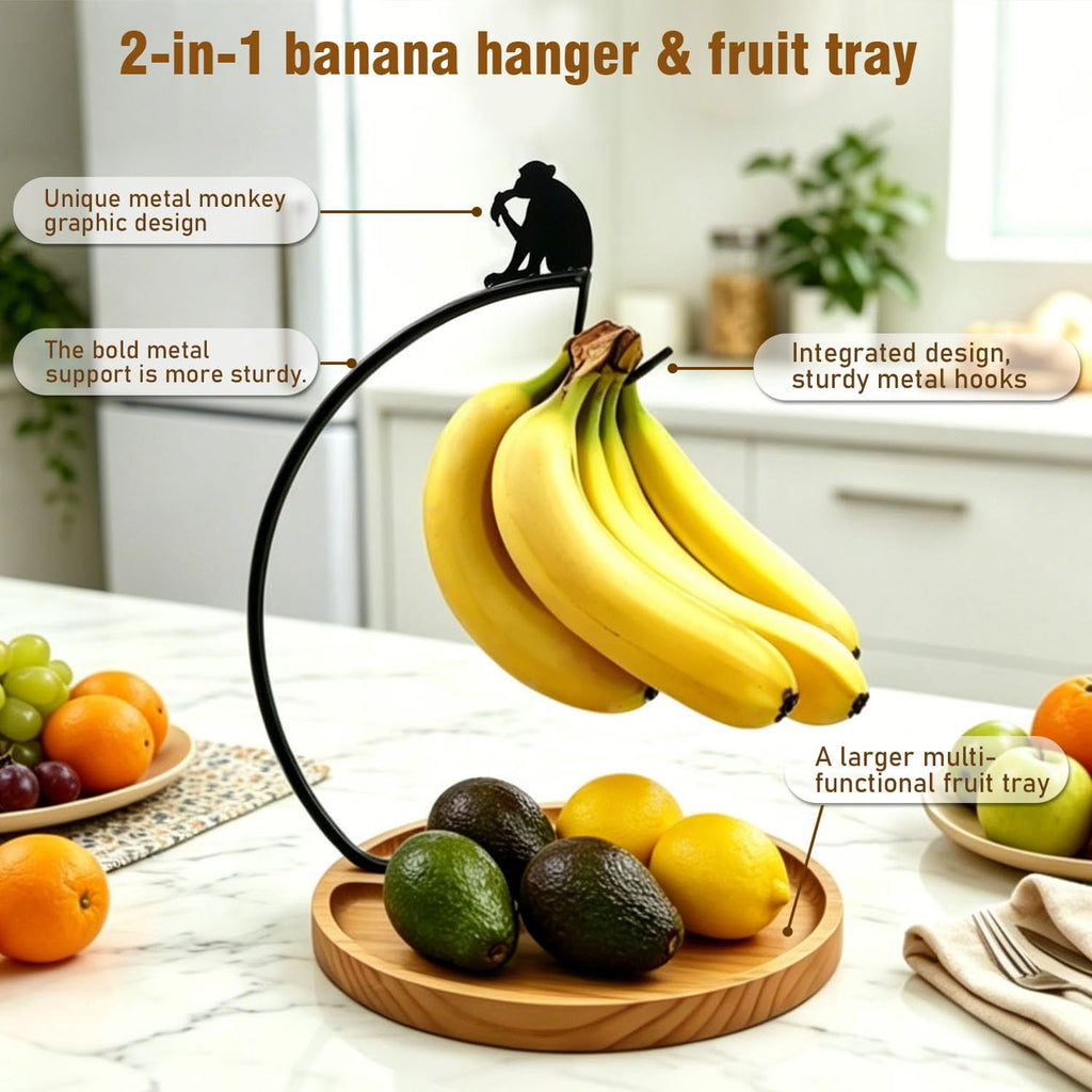 Banana Holder Stand with Wood Fruit Tray,Stand for Countertop,14.9" height Monkey