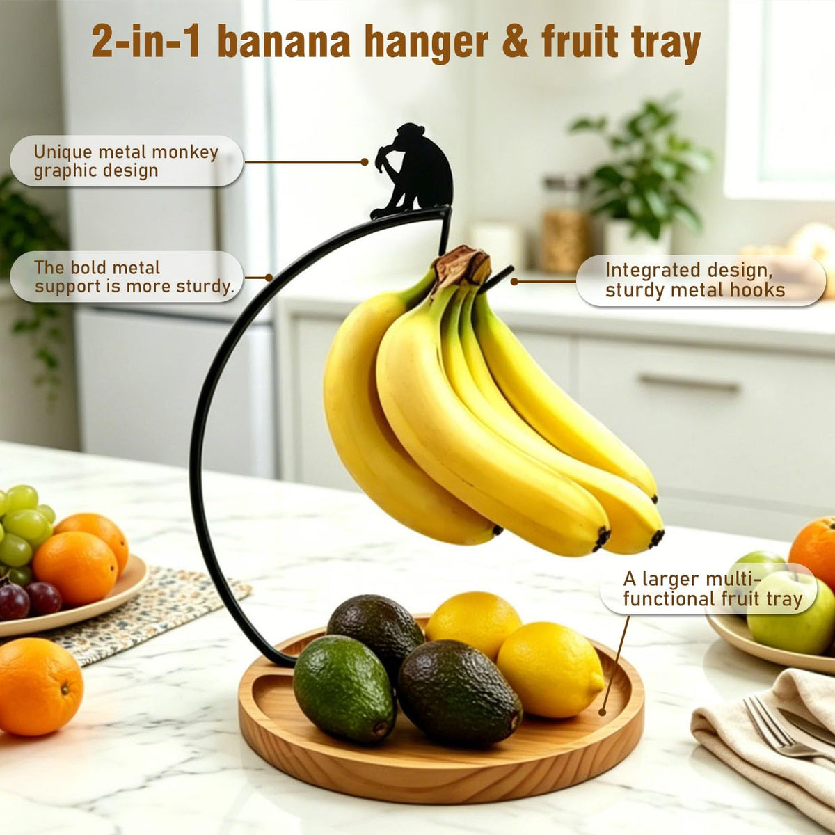 Banana Holder Stand with Wood Fruit Tray,Stand for Countertop,14.9" height Monkey