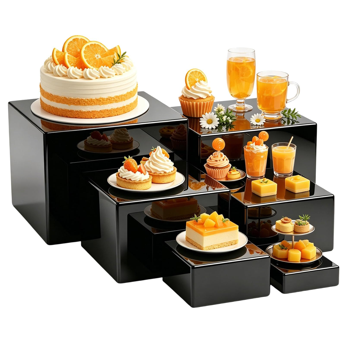 Saim Acrylic Buffet Risers Display Stands 3" To 8" Square, 6pcs Black