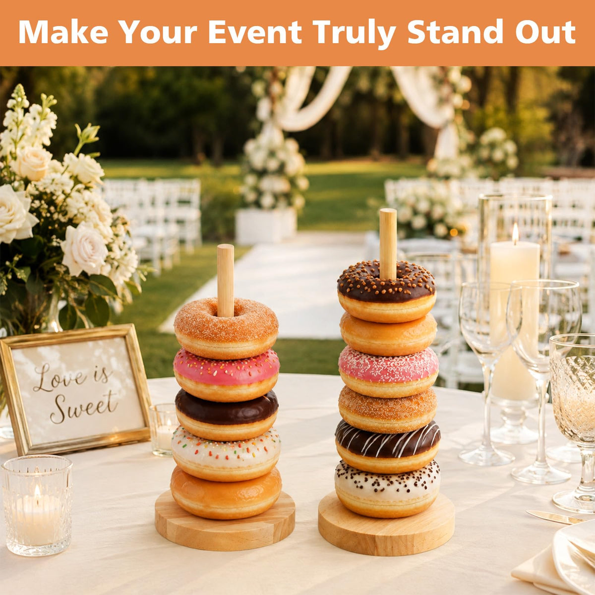 4 Pcs Wooden Donut Stand Set, 7.8 & 6 Inch Donut Holder with Round Base