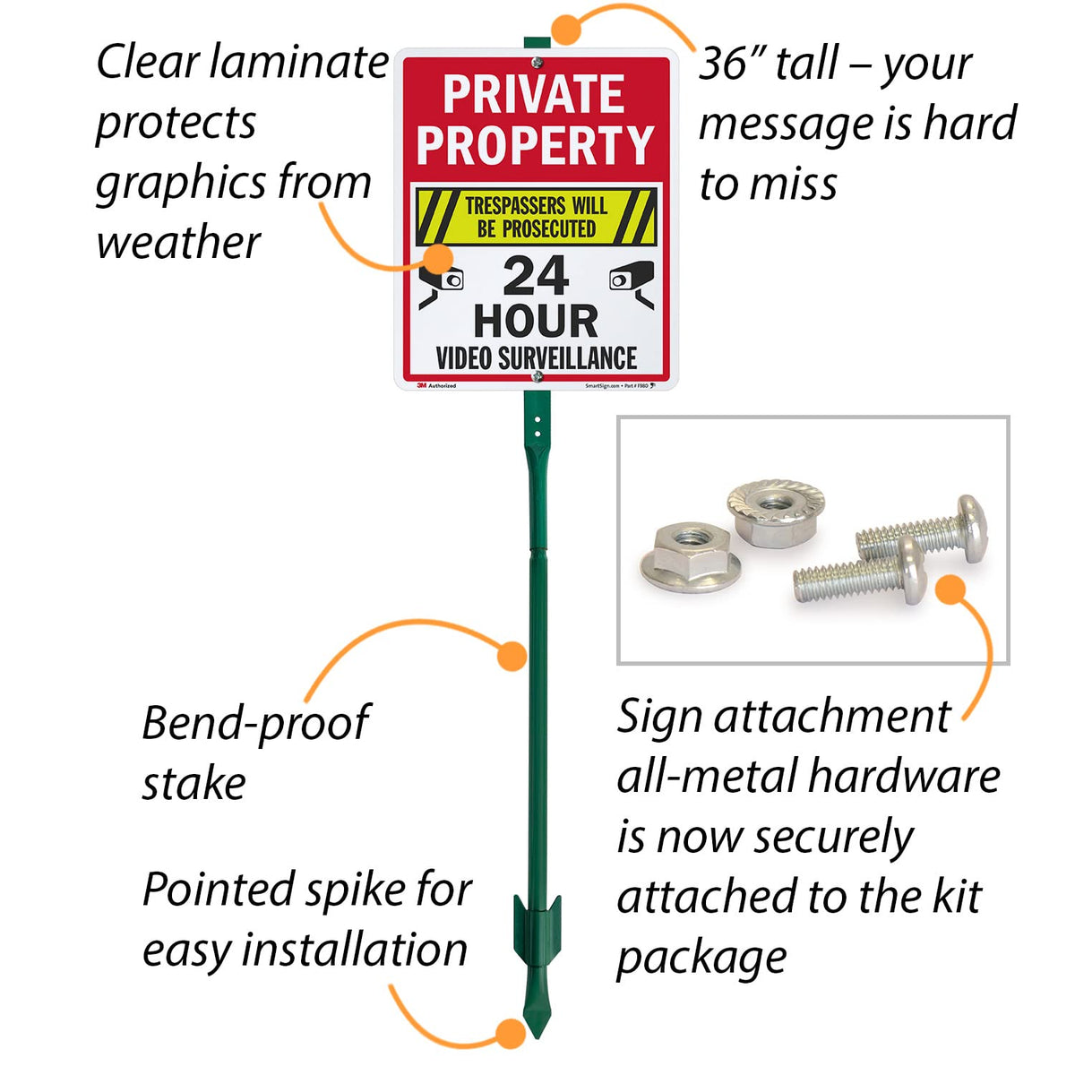 SmartSign 12" x 10" 'Private Property Trespassers Prosecuted, 24 Hour Video Surveillance' Yard Sign with 3 ft Stake, 40 mil Aluminum 3M Laminated Engineer Grade Reflective Material Reflective Aluminum Sign with 3' Stake